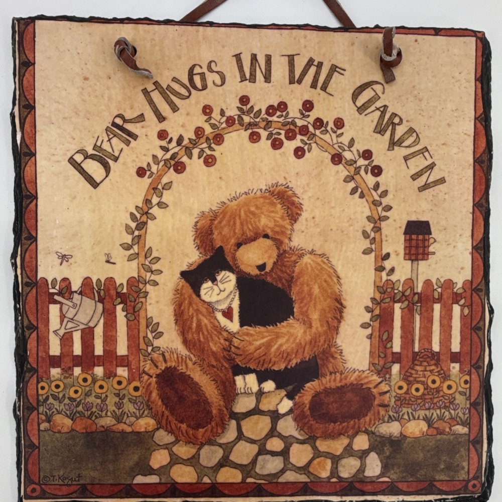 Vtg Teresa Kogut Wall Hanging Tile Bear Hugs In The Garden Cottagecore Grandma